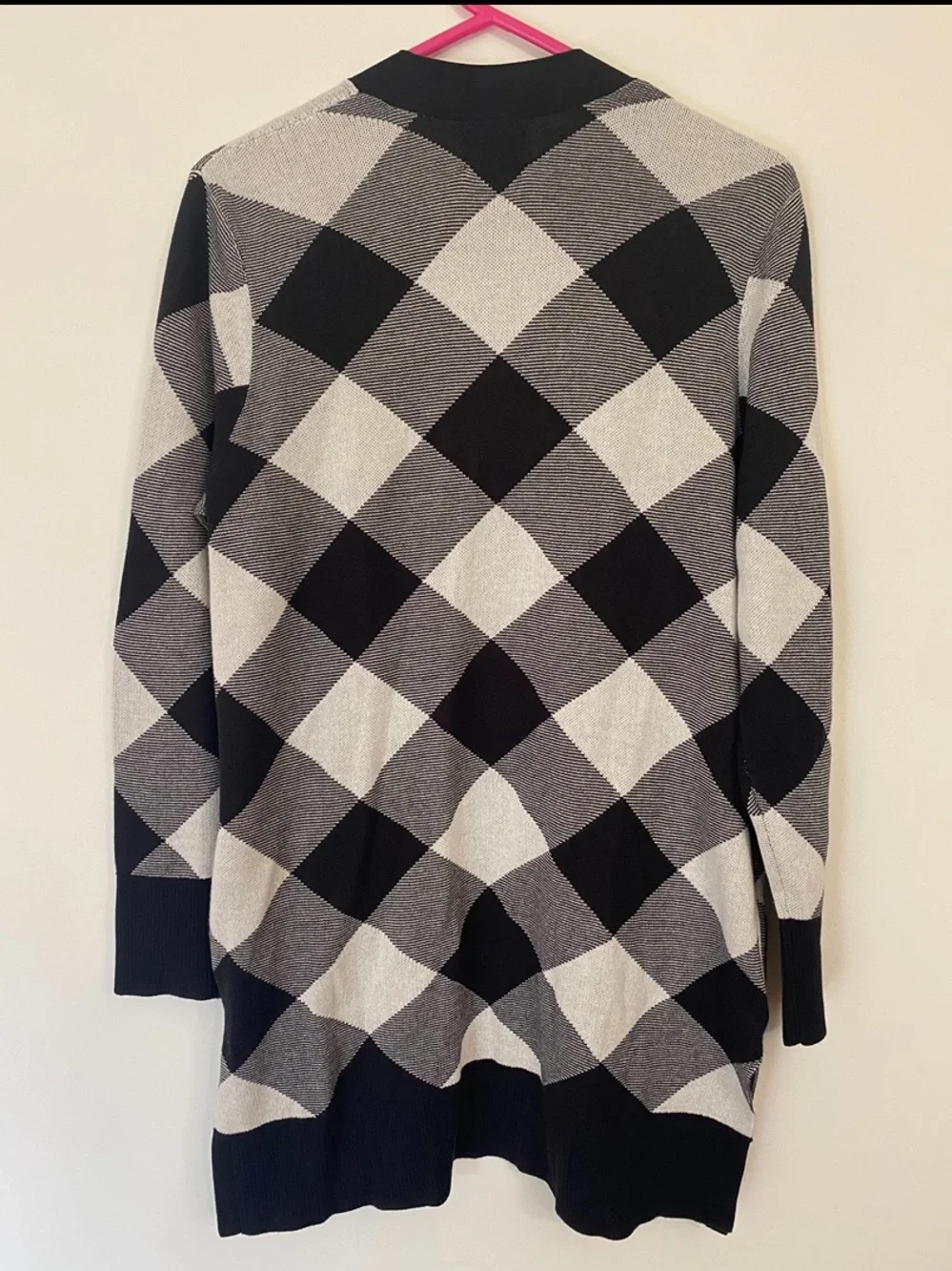 NEW Land’s End Cotton Open front Cardigan sweater black & white buffalo check